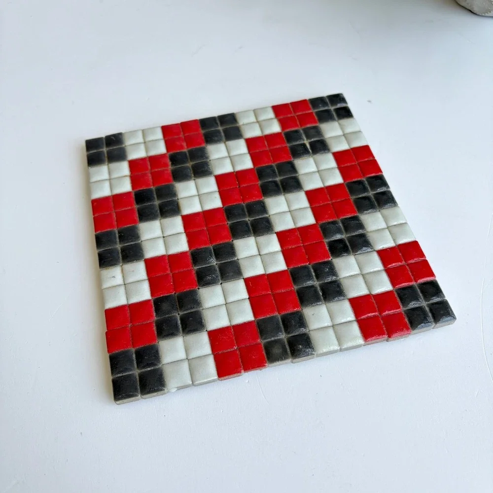 Vintage Mosaic Tile Trivet Red Black White Checkerboard Geometric 6x6 Hot Pad